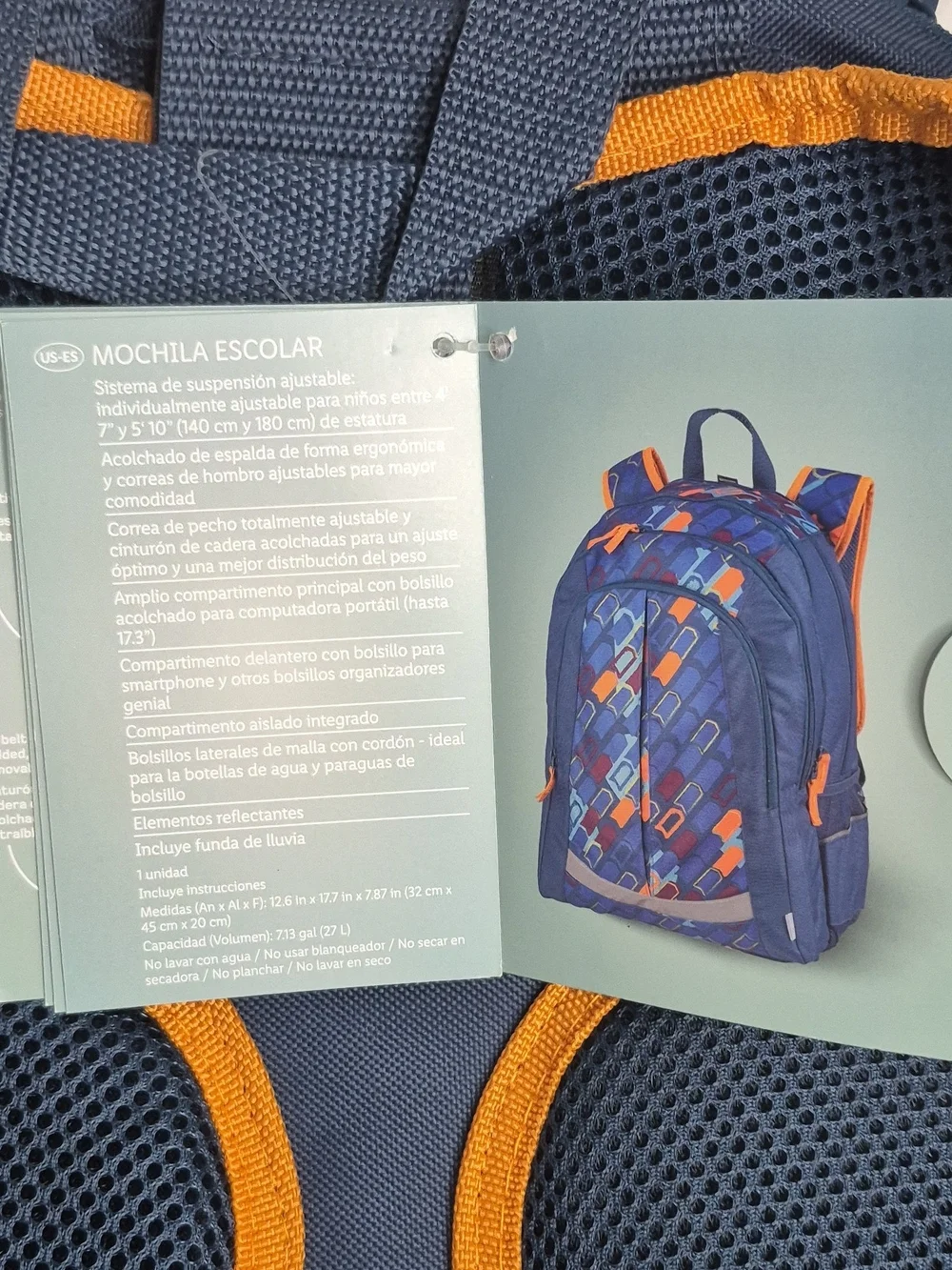 TOPMOVE School Backpack 18in Blue/Orange Geometric Polyester Rain Cover Laptop